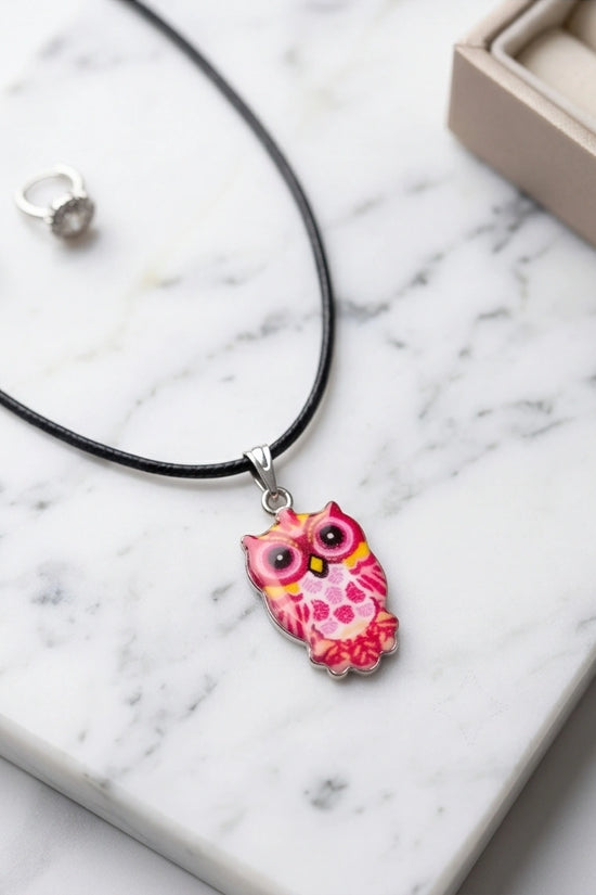 Vibrant Pink and Yellow Owl Totem Pendant Necklace