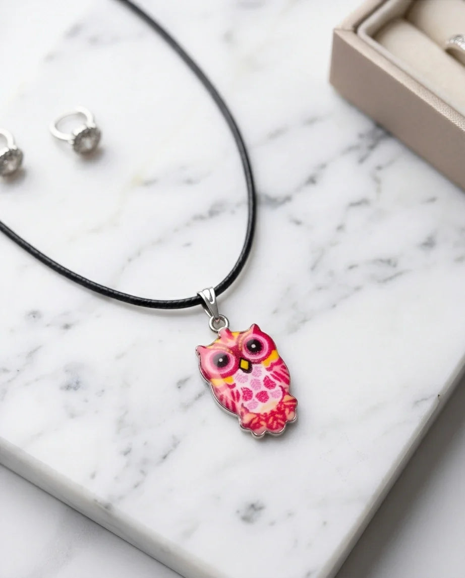 Vibrant Pink and Yellow Owl Totem Pendant Necklace