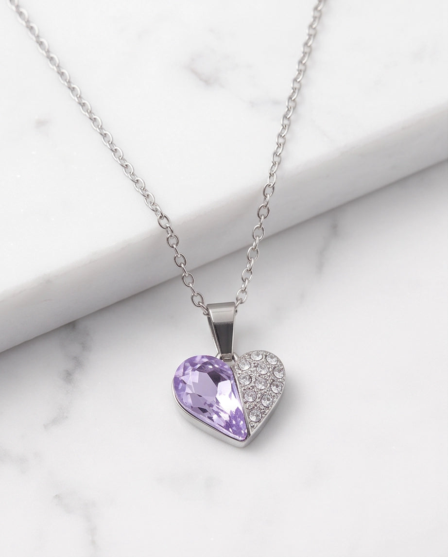 Silver Amethyst Heart Pavé Pendant Necklace