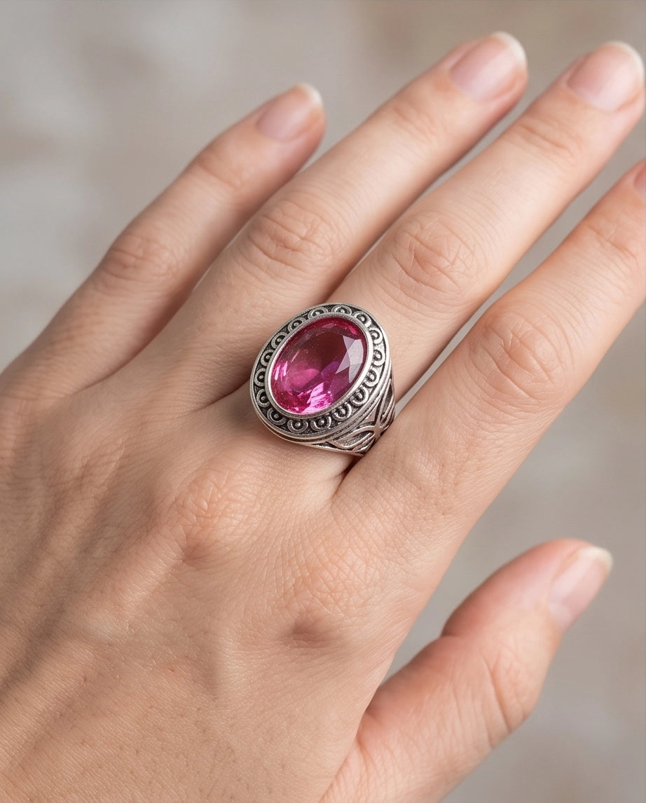 Tourmaline Gemstone Scalloped Bezel Filigree Silver Ring