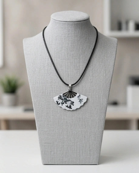 Artistic Monochrome Folding Fan Pendant Necklace