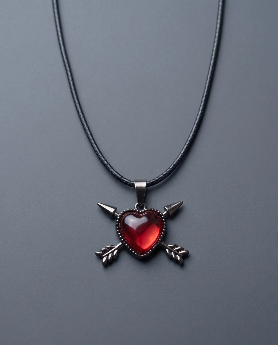 Silver Crossed Arrows Red Heart Gem Pendant Necklace