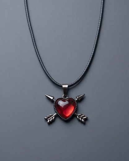 Silver Crossed Arrows Red Heart Gem Pendant Necklace