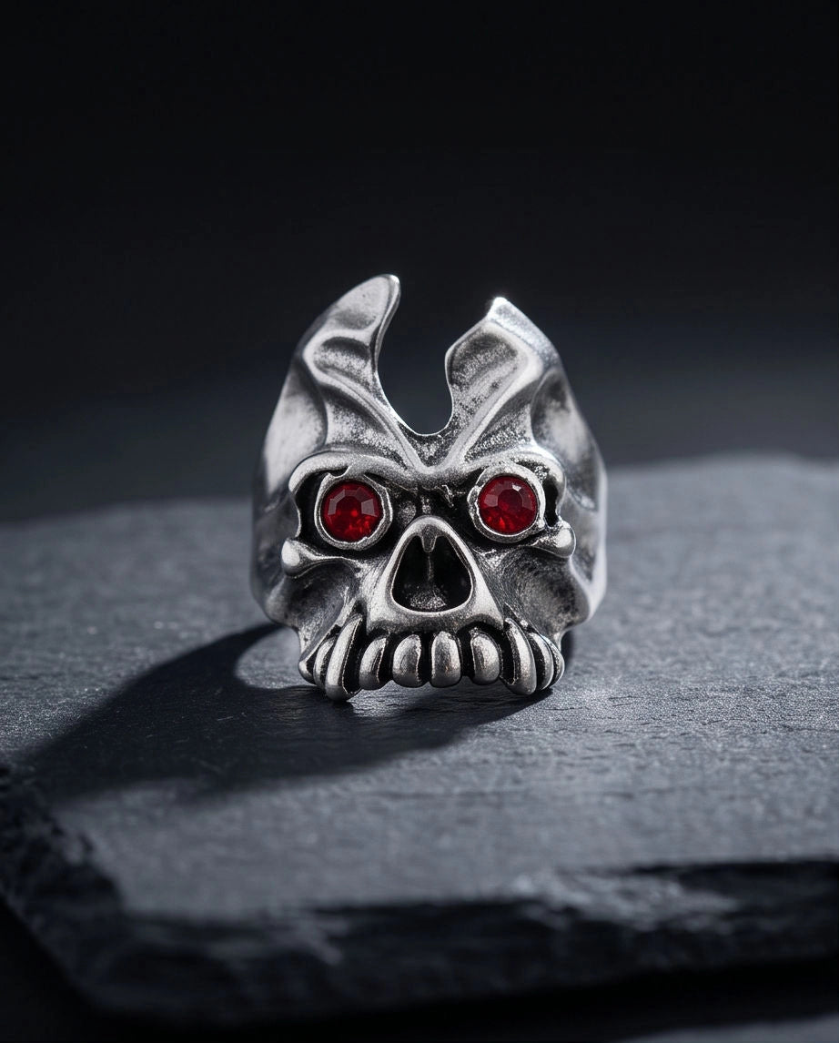 Ruby-Eyed Horned Demon Skull Ring