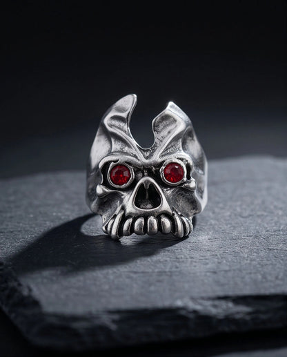 Ruby-Eyed Horned Demon Skull Ring
