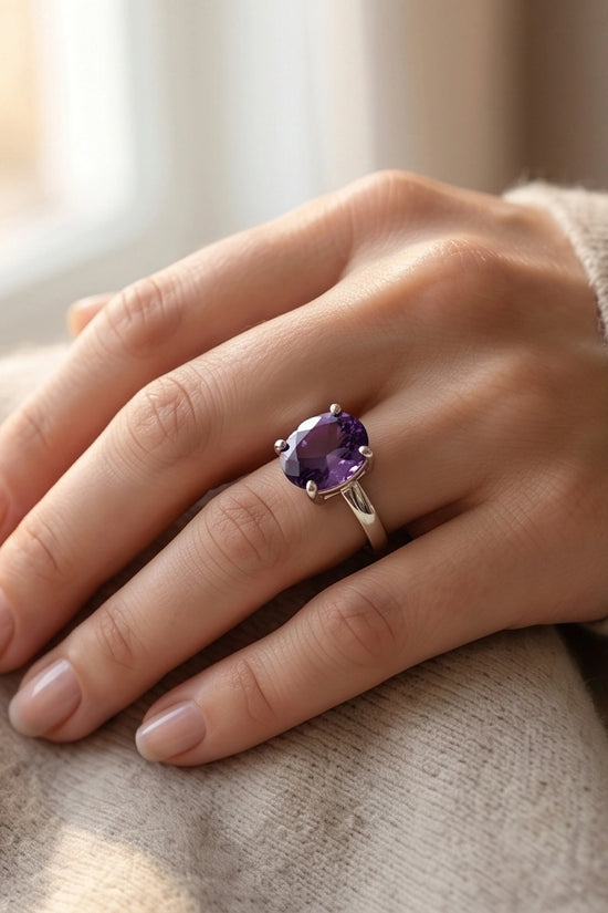 Sterling Silver Oval Amethyst Solitaire Ring