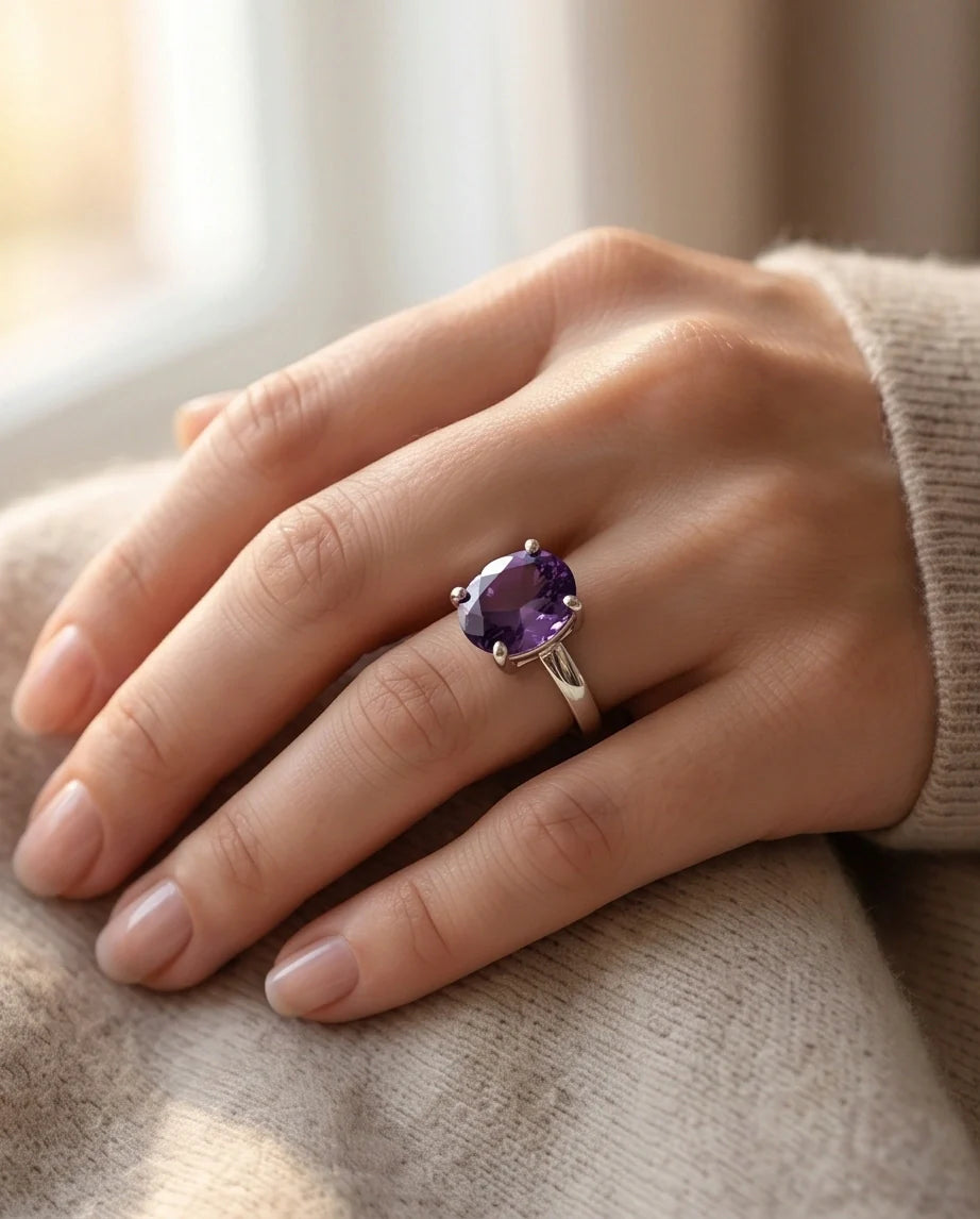 Sterling Silver Oval Amethyst Solitaire Ring