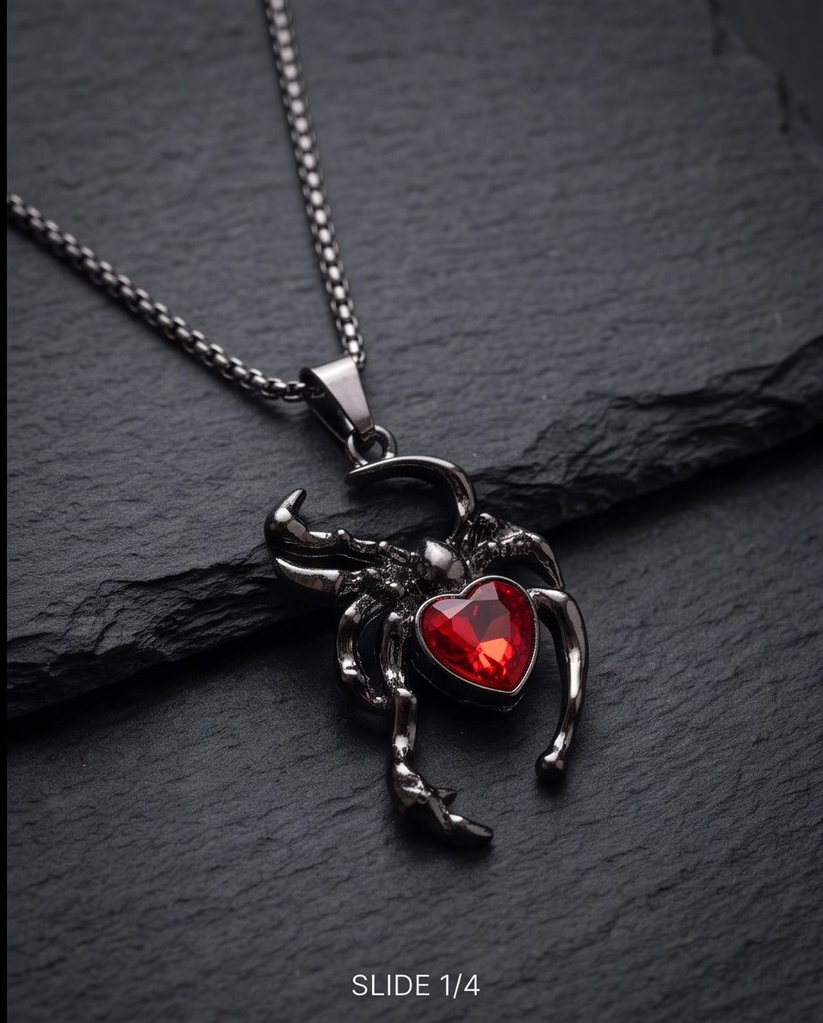 Black Spider Red Heart Crystal Gem Pendant Necklace