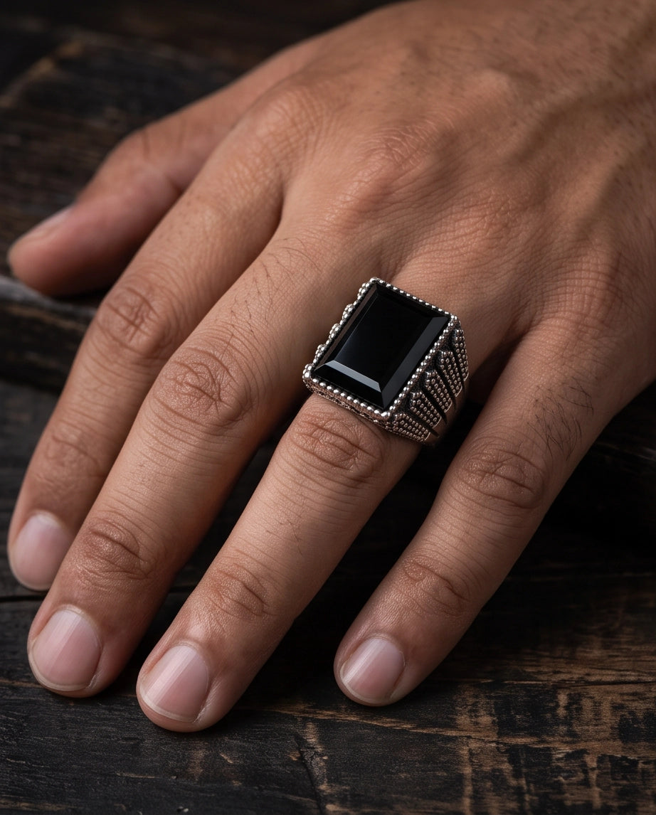Onyx Gemstone Beaded Frame Emerald-Cut Fluted Stippled Silver Ring