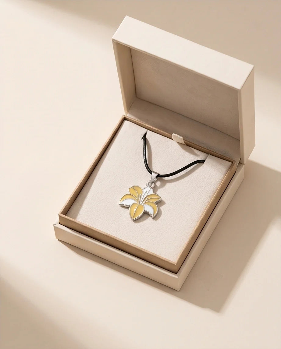 Elegant Pastel Yellow and White Lily Enamel Pendant Necklace