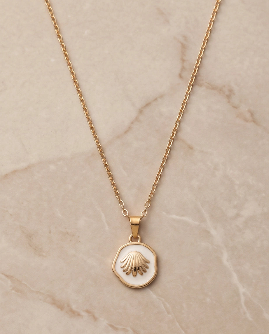 Gold White Enamel Seashell Medallion Pendant Necklace