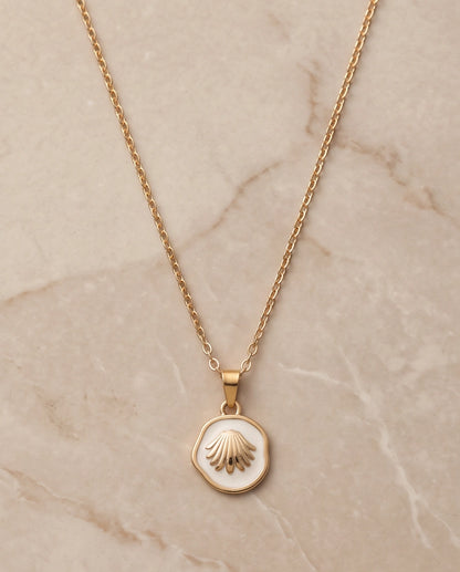 Gold White Enamel Seashell Medallion Pendant Necklace