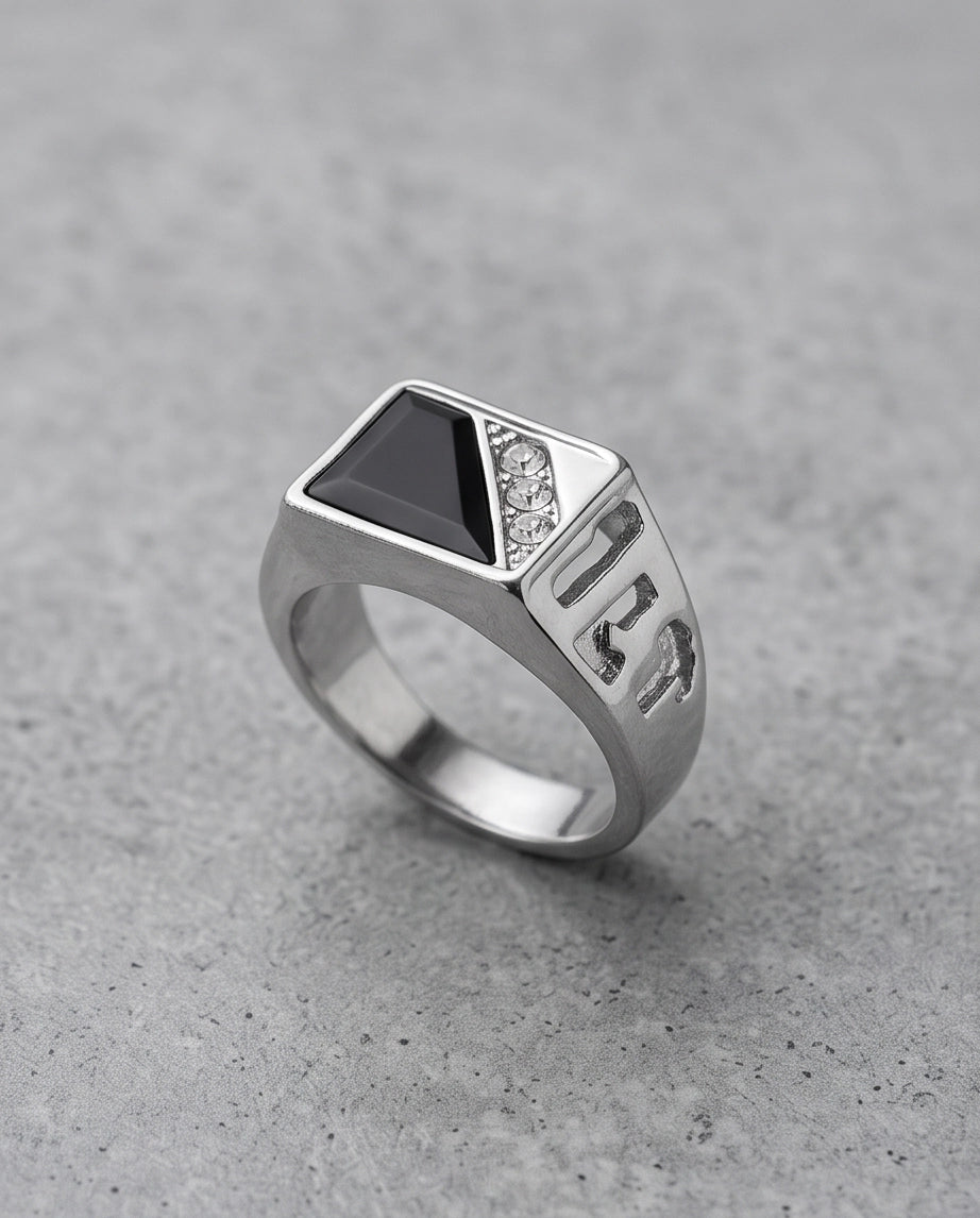 Onyx Inlay & Pavé Diagonal Split Signet Silver Ring