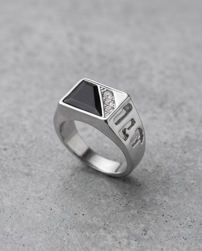 Onyx Inlay & Pavé Diagonal Split Signet Silver Ring