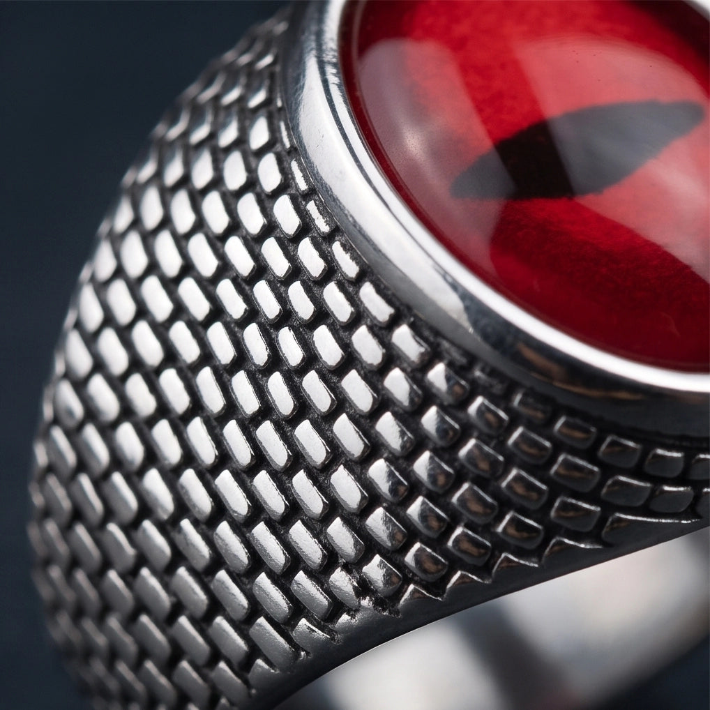 Ruby Slit-Pupil Mesh Silver Ring