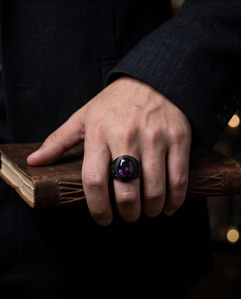 Matte Black Oval Amethyst Scroll Signet Ring