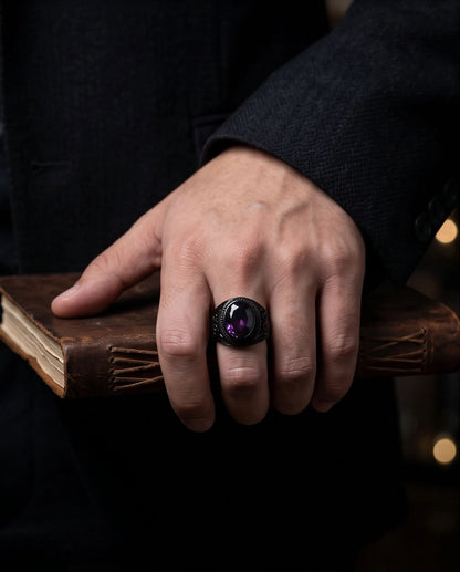Matte Black Oval Amethyst Scroll Signet Ring