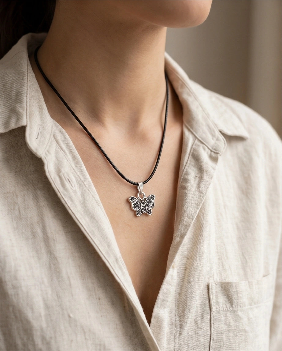 Silver Textured Butterfly Pendant Necklace