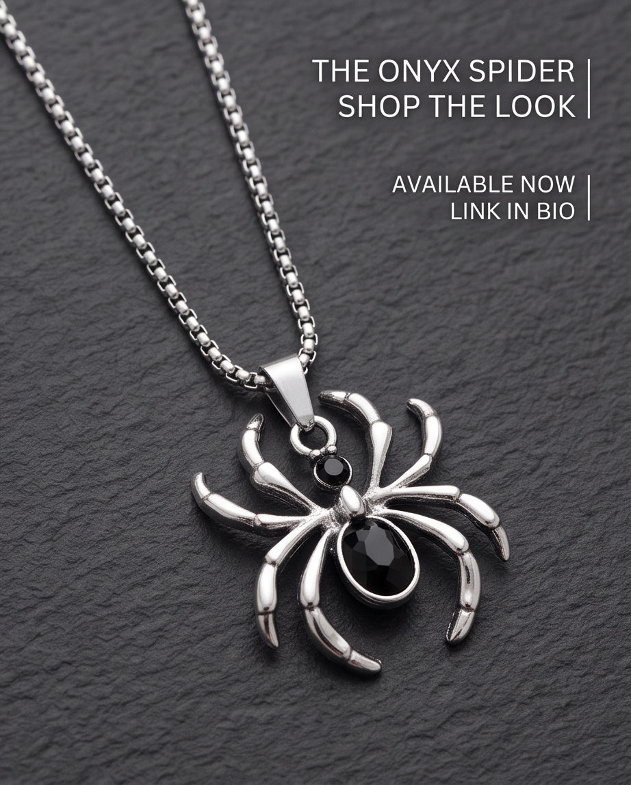 Silver Black Gemstone Spider Pendant Necklace