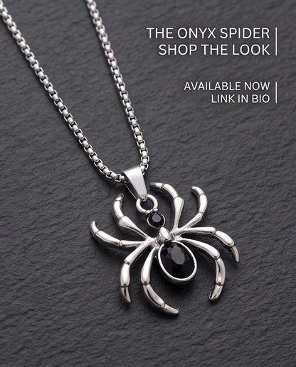 Silver Black Gemstone Spider Pendant Necklace