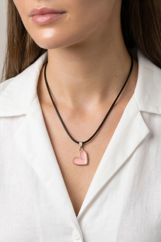 Pink Beaded-Edge Heart Enamel Pendant Necklace