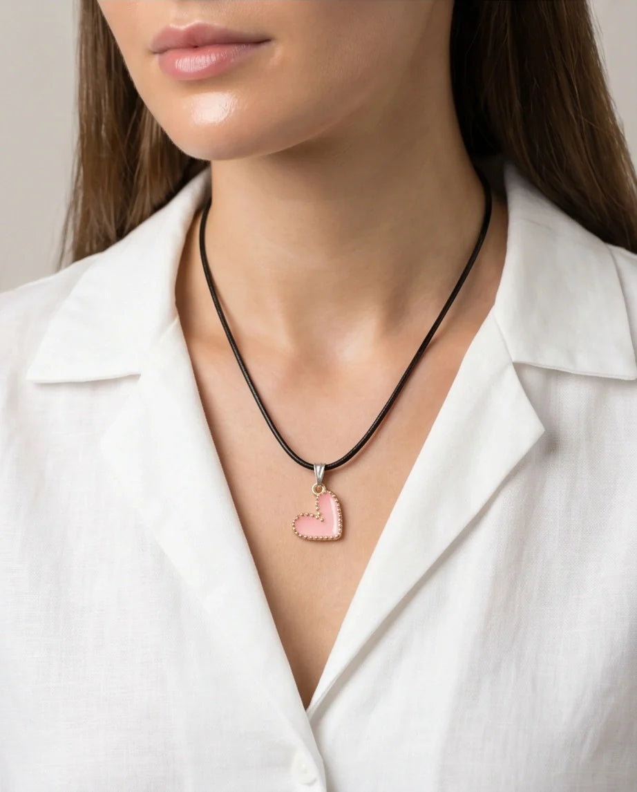 Pink Beaded-Edge Heart Enamel Pendant Necklace