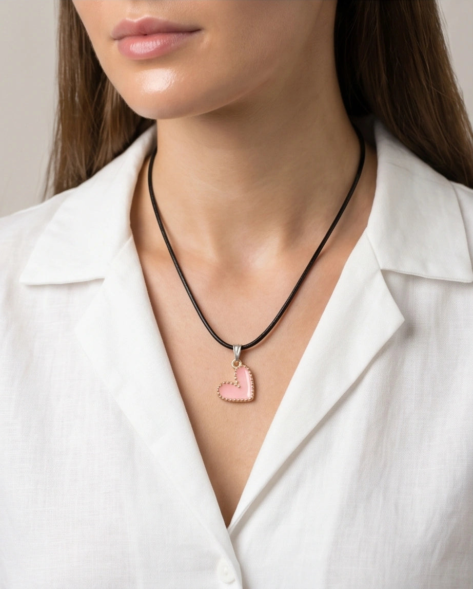 Pink Beaded-Edge Heart Enamel Pendant Necklace