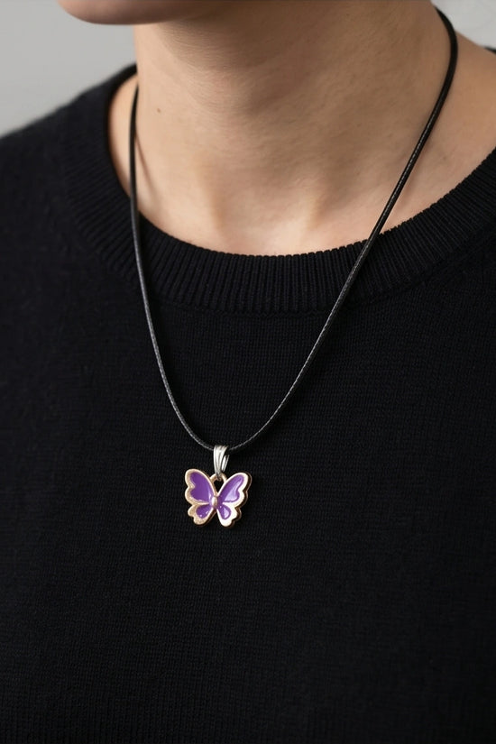 Vibrant Purple Butterfly Enamel Pendant Necklace