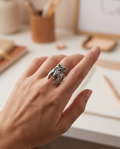 Oxidized Silver Sculpted Owl Statement Ring