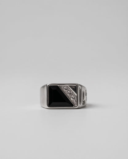 Onyx Inlay & Pavé Diagonal Split Signet Silver Ring