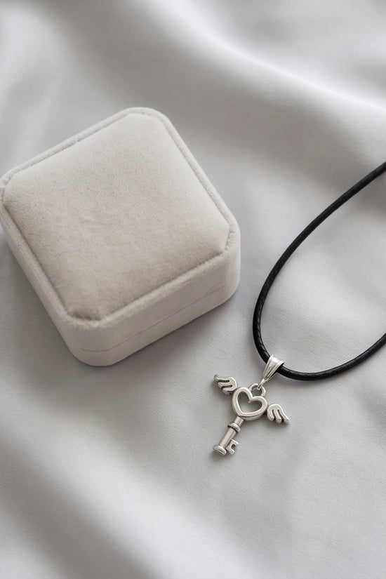 Silver Angel Wing Heart Key Necklace