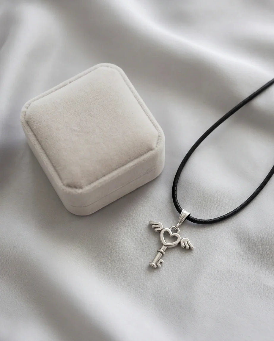 Silver Angel Wing Heart Key Necklace