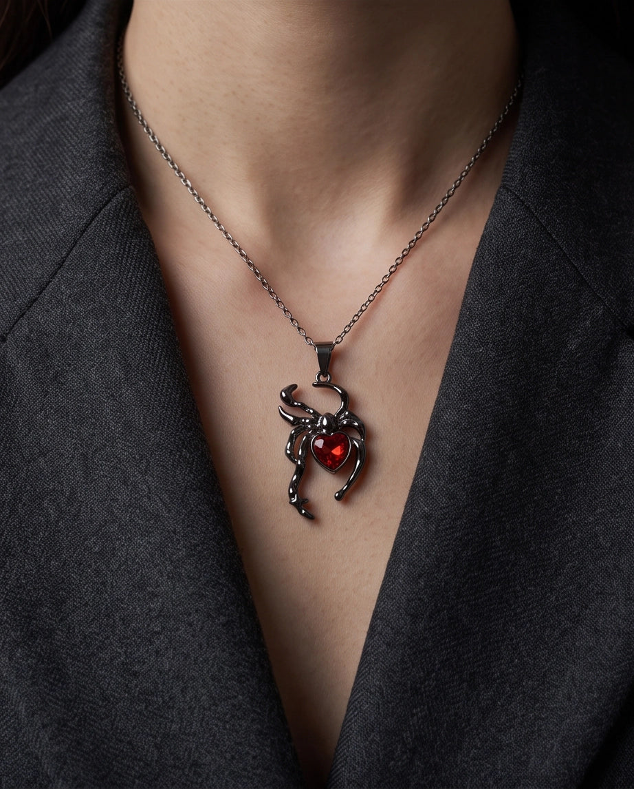 Black Spider Red Heart Crystal Gem Pendant Necklace