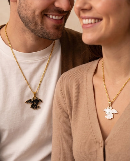 Gold Dragon Couple Enamel Pendant Necklace Set