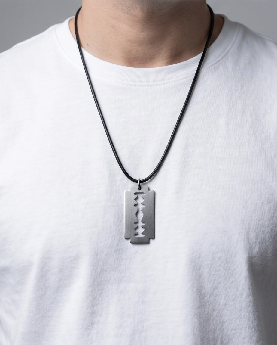 Brushed Silver Razor Blade Cord Necklace