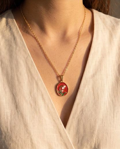 Gold Red Lily of the Valley Enamel Medallion Chain Necklace