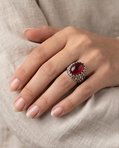 Crimson Red Oval Cabochon Ornate Leaf Scrollwork Silver Ring