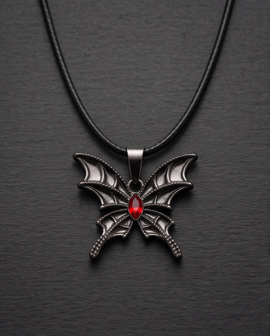 Black Bat-Wing Butterfly Red Gem Pendant Necklace