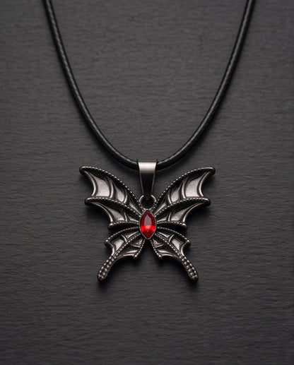 Black Bat-Wing Butterfly Red Gem Pendant Necklace
