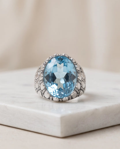 Ice Blue Oval-Cut Gemstone Scaled Bezel Silver Ring