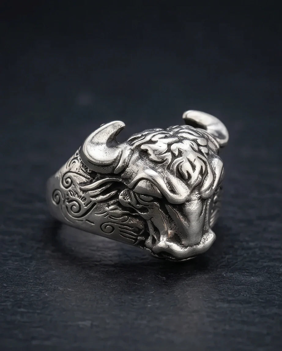 Vintage Oxidized Silver Bull Head Power Statement Ring