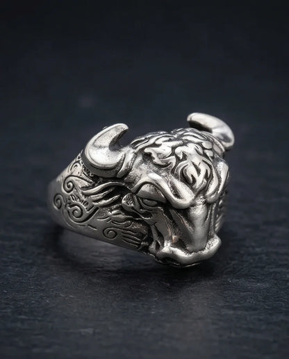 Vintage Oxidized Silver Bull Head Power Statement Ring