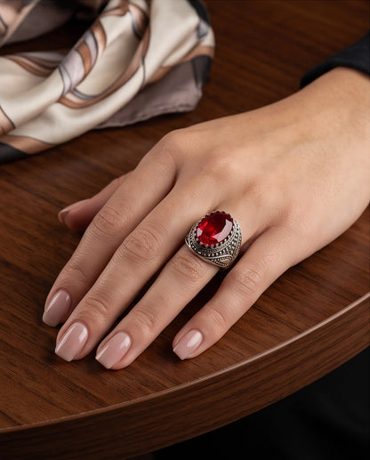 Ruby Gemstone Crown Prong Bezel Teardrop Filigree Silver Ring