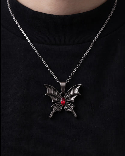 Black Bat-Wing Butterfly Red Gem Pendant Necklace