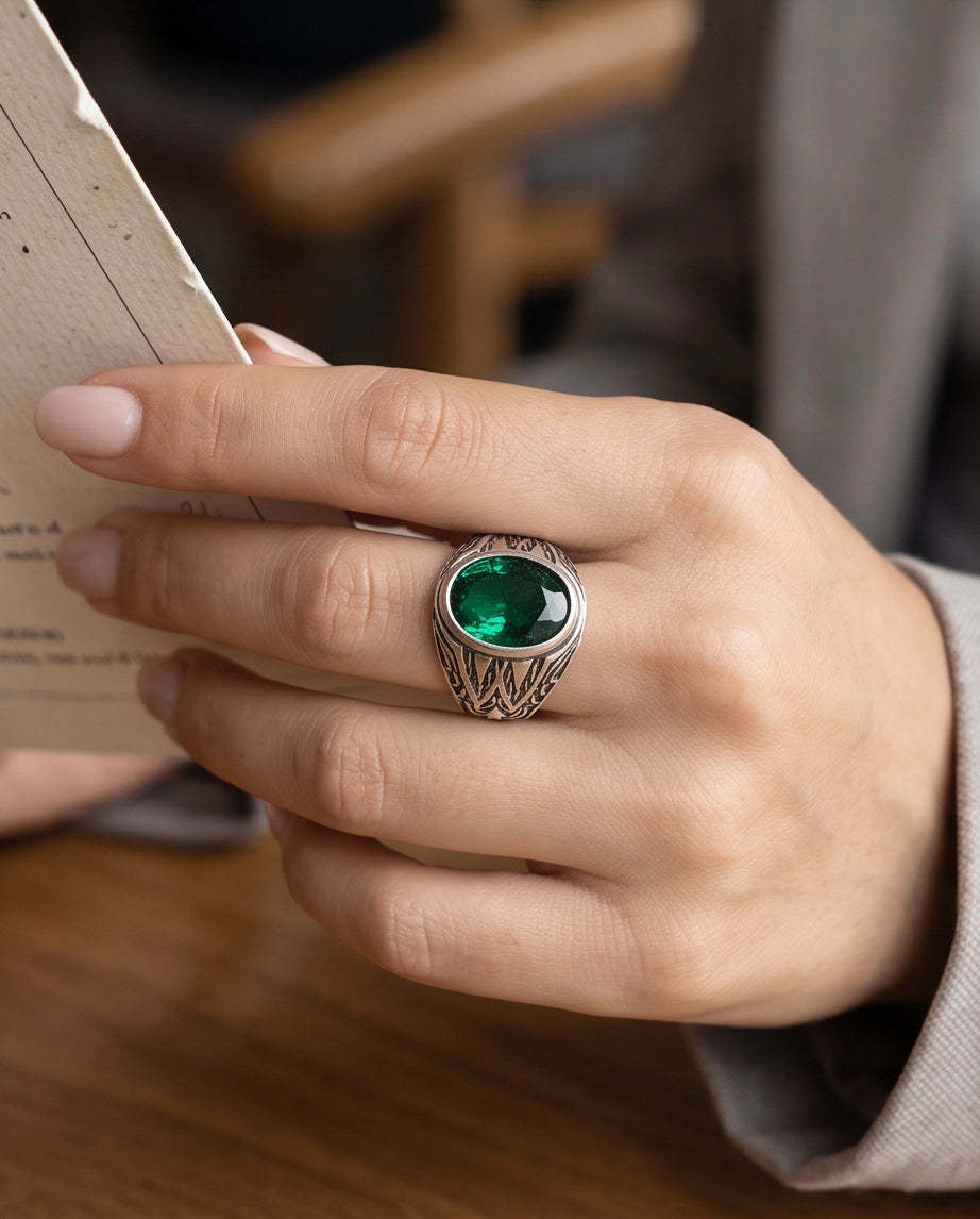 Emerald Gemstone Smooth Bezel Tribal Wing Silver Ring