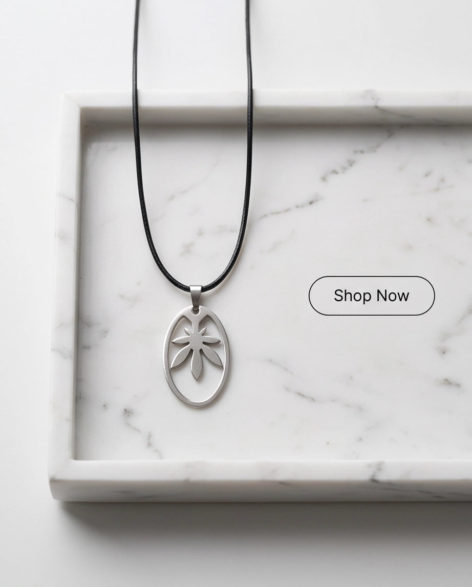 Brushed Silver Leaf Oval Cord Necklace