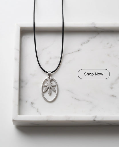 Brushed Silver Leaf Oval Cord Necklace