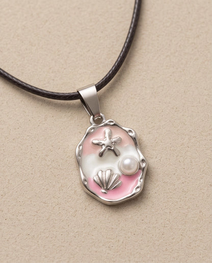 Silver Pink Seashell Starfish Pearl Enamel Medallion Chain Necklace
