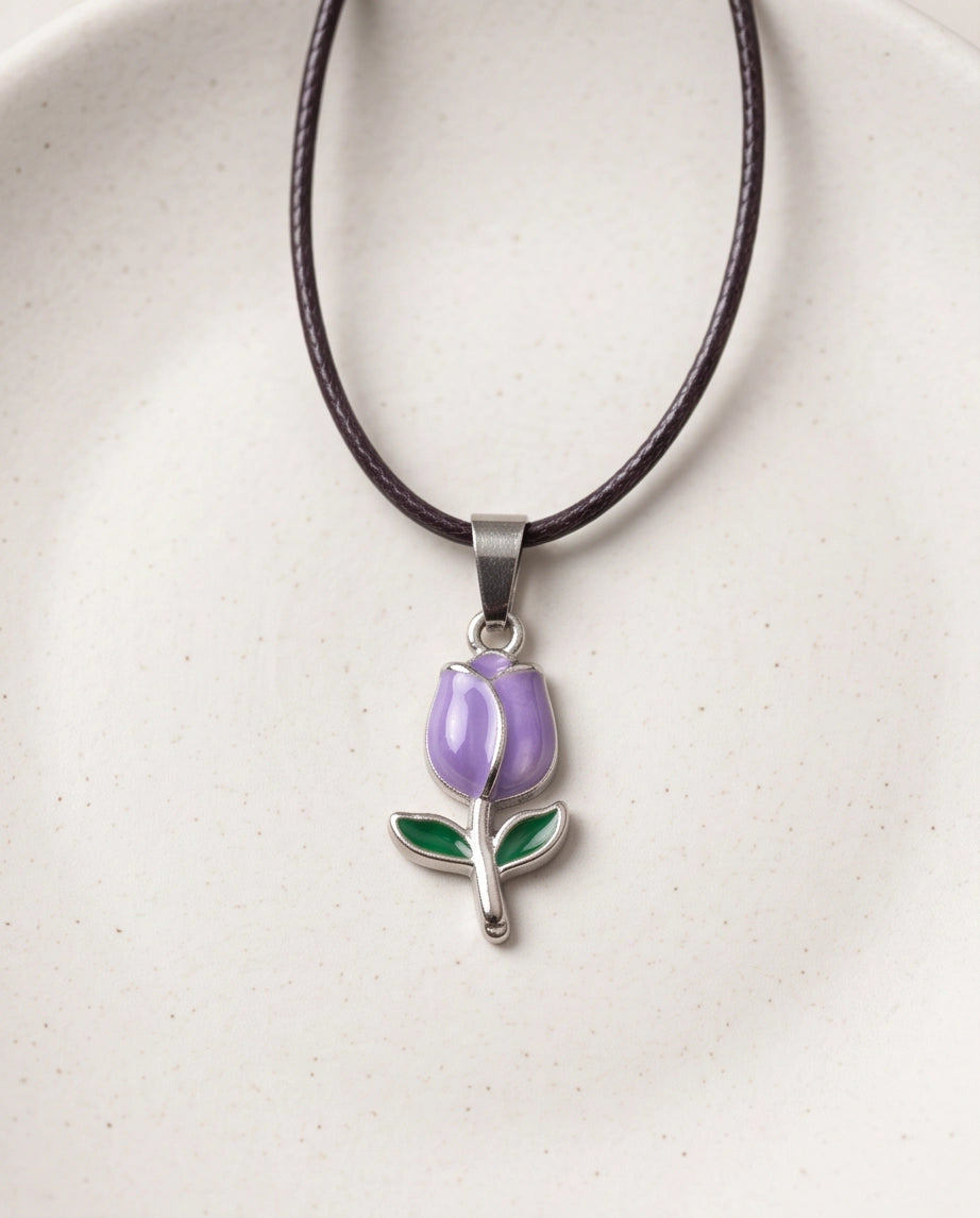 Silver Purple Enamel Tulip Pendant Necklace