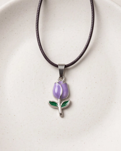 Silver Purple Enamel Tulip Pendant Necklace